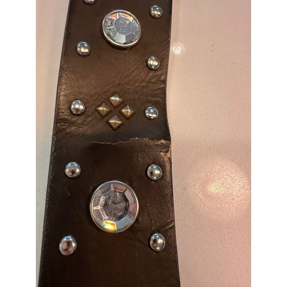 Womens Western Rhinestone Studded Belt Brown Silver Buckle Size Large L/G